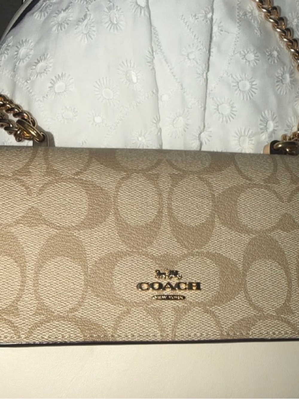 Coach Signature Canvas Shoulder Bag in Khaki and Chalk with Gold Hardware